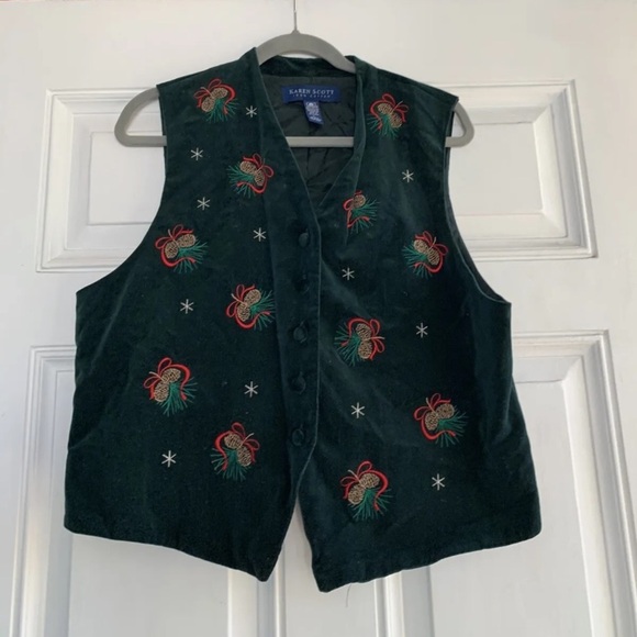 - KAREN SCOTT Christmas Vest‎ ~ Green Velvet Mistletoe Star Size Large - Picture 1 of 5